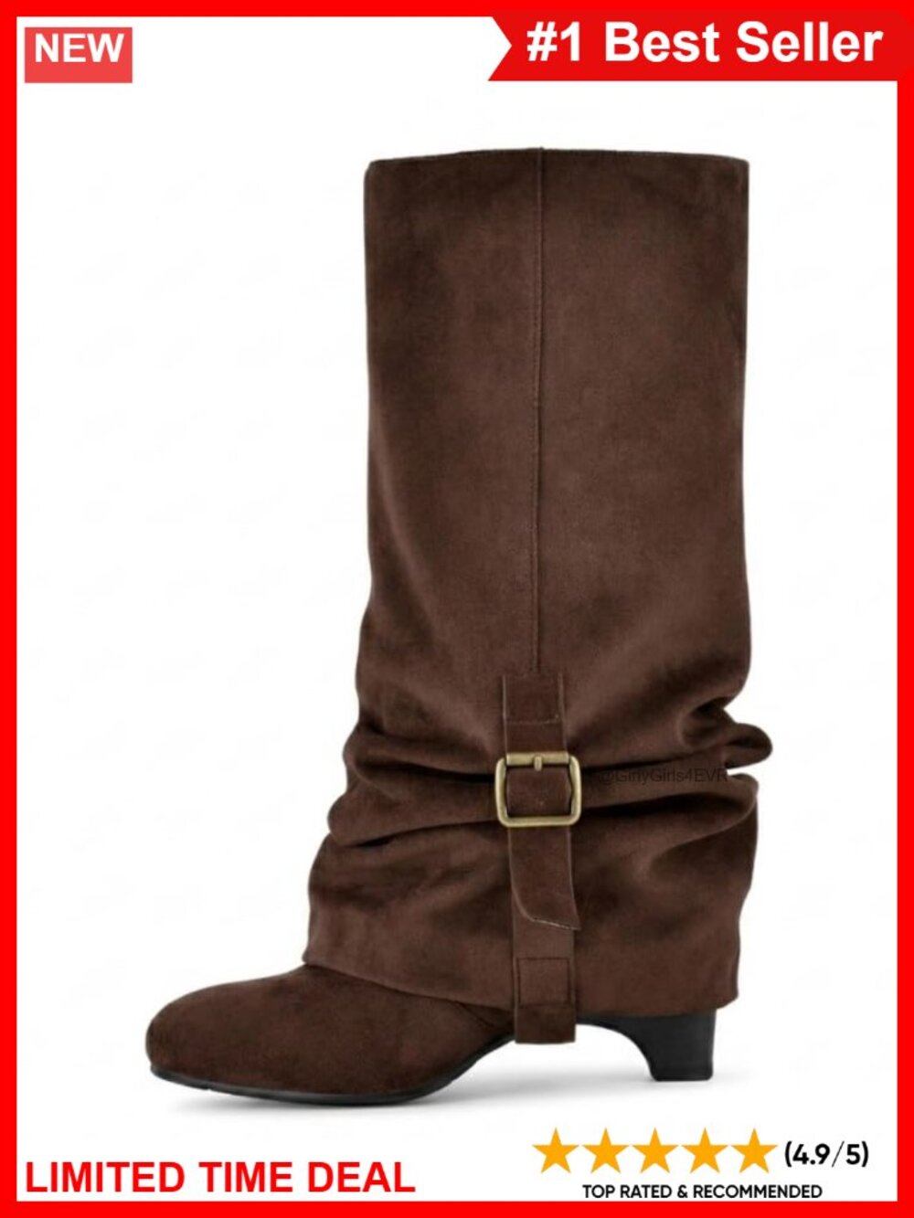 Slouchy Fold Down Buckle Low Heel Faux Suede Knee High Boots